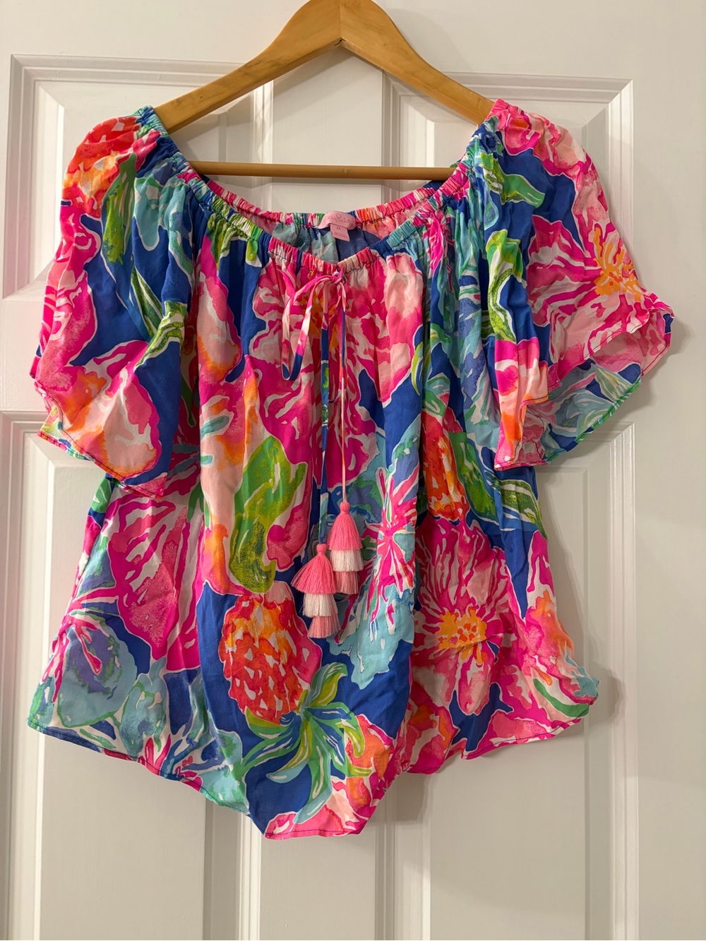 Lilly Pulitzer Off-Shoulder Floral Tassel Tunic in Pink, Blue & Green
